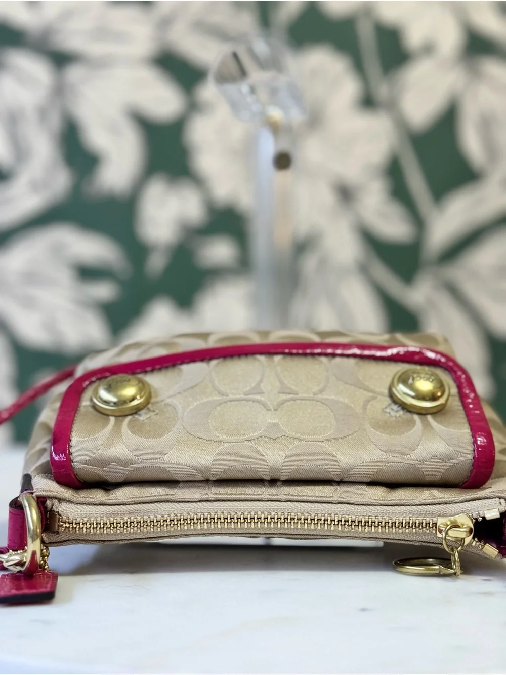 Coach Rare Poppy Tan Signature Canvas Crossbody with Pink Trim EUC